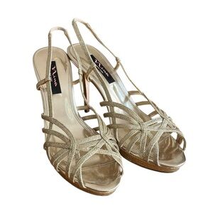 Nina New York Gold Glitter Strappy Heels – Size 10, 4.5” Stiletto Slingbacks